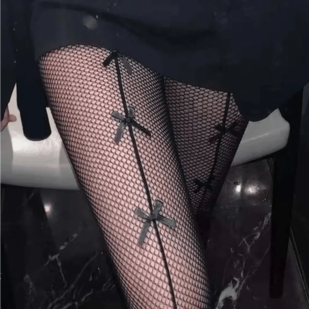 Elegant Black Fishnet Tights with Bows